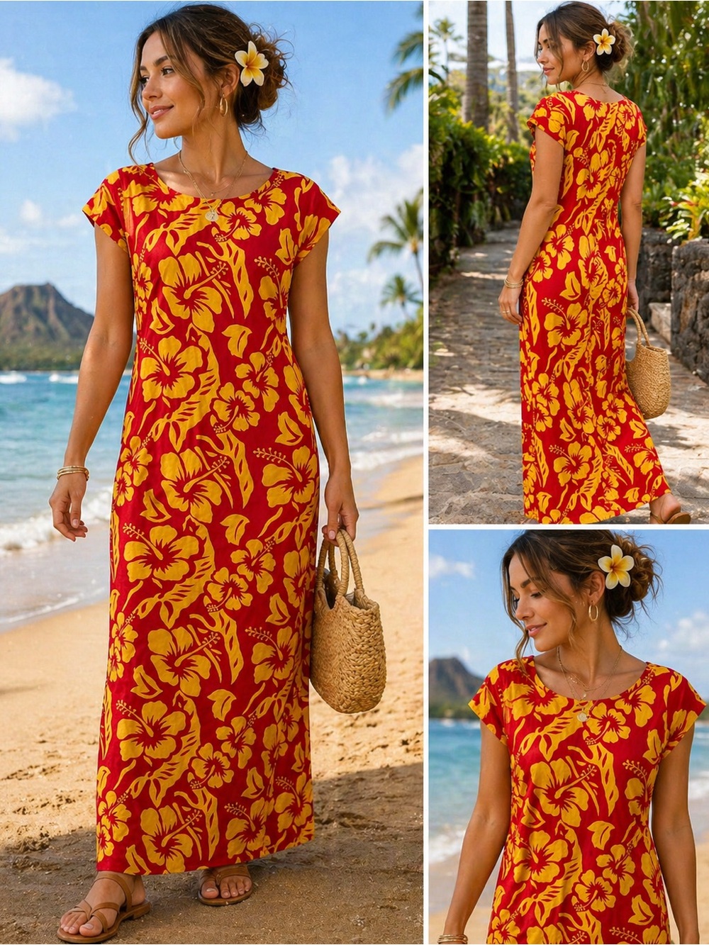 Vintage Made in Hawaii Hibiscus Dress Red Yellow Tropical Maxi Luau Resort